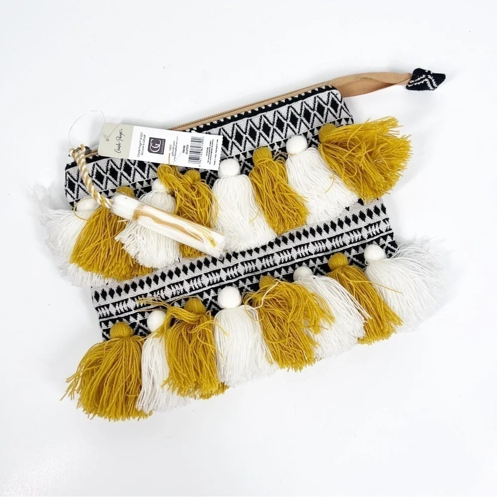 Charlie PAIGE NWT Bohemian Clutch with Tassels and tapestry type fabric